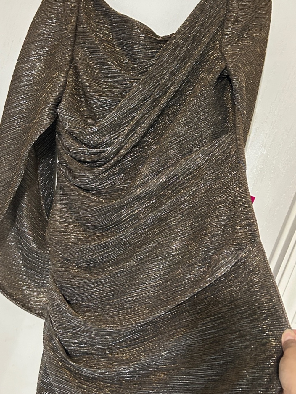 Betsy & Adam Metallic Bronze Draped Gown